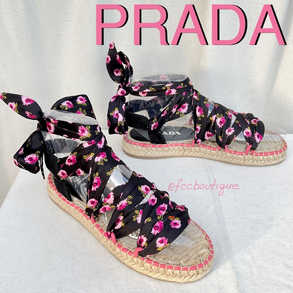 PRADA lace up floral espadrilles size 10